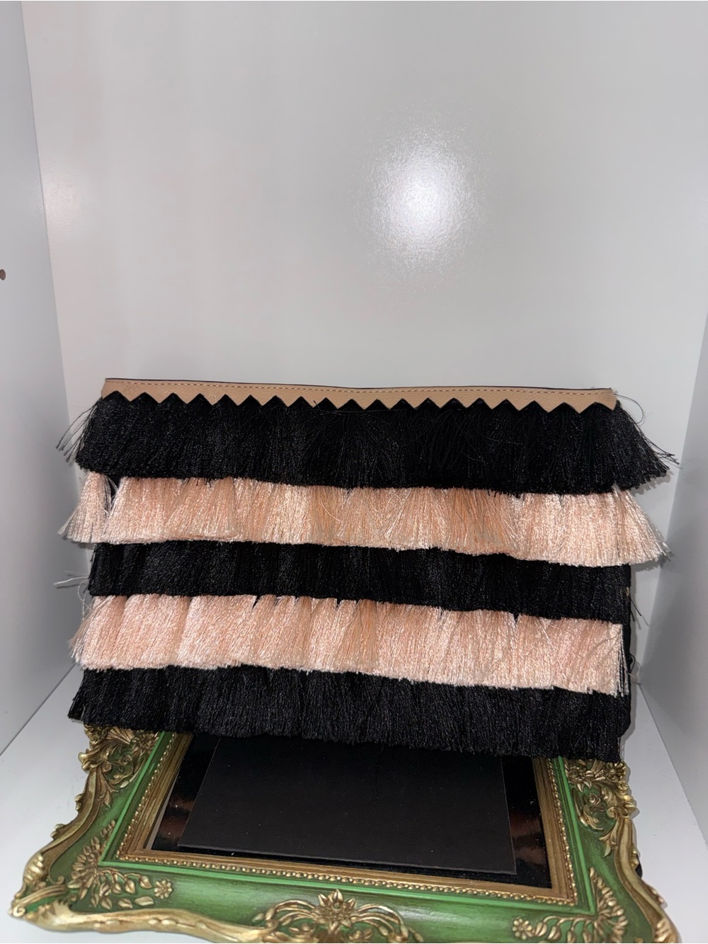 Stella & Dot Black and Blush Layered Fringe Clutch